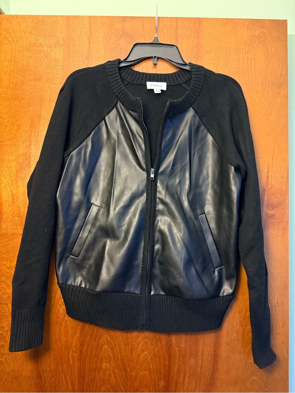 Evereve Black Mixed-Media Faux Leather Front Zip Cardigan